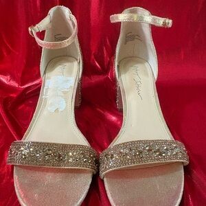 Betsey Johnson Rose Gold Crystal Ankle Strap Block Heels